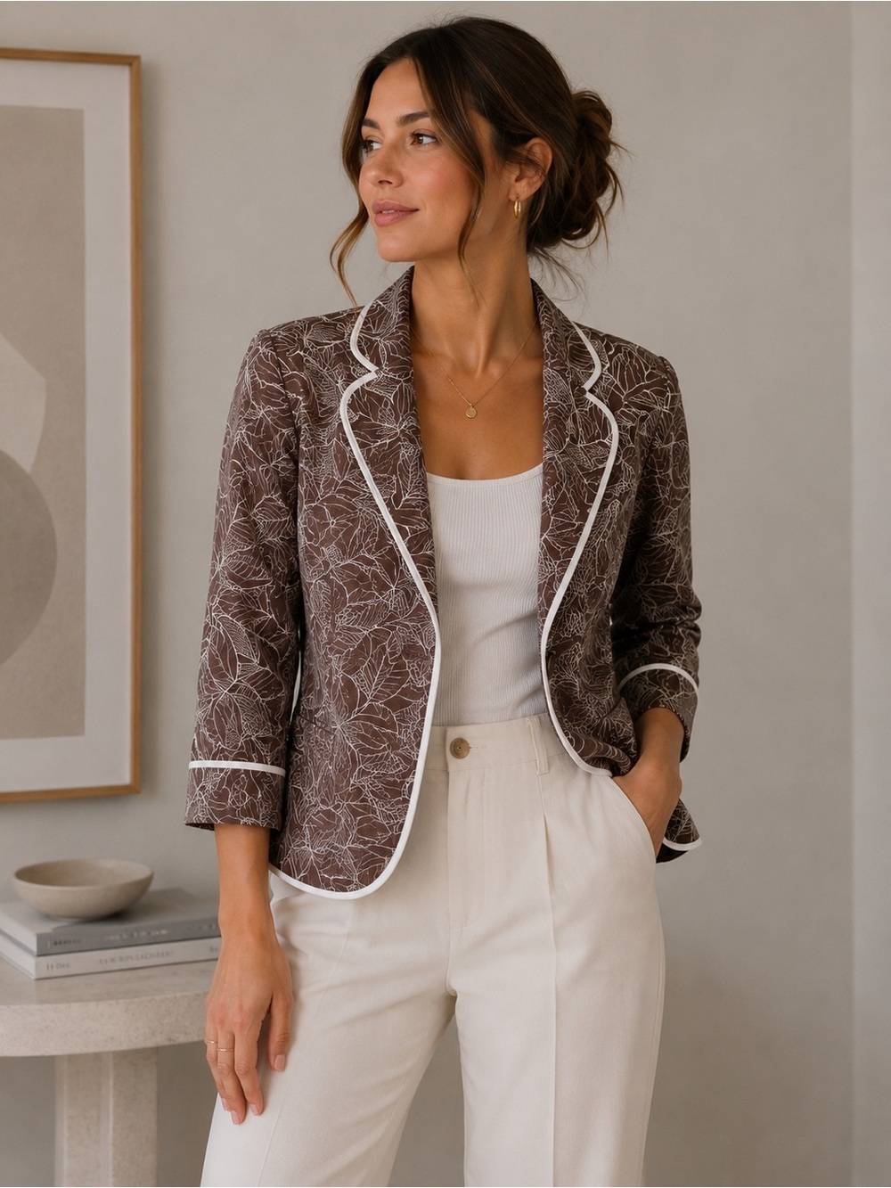 Nygard Collection Brown Leaf Print 100% Linen Blazer with White Trim Size 8 Work
